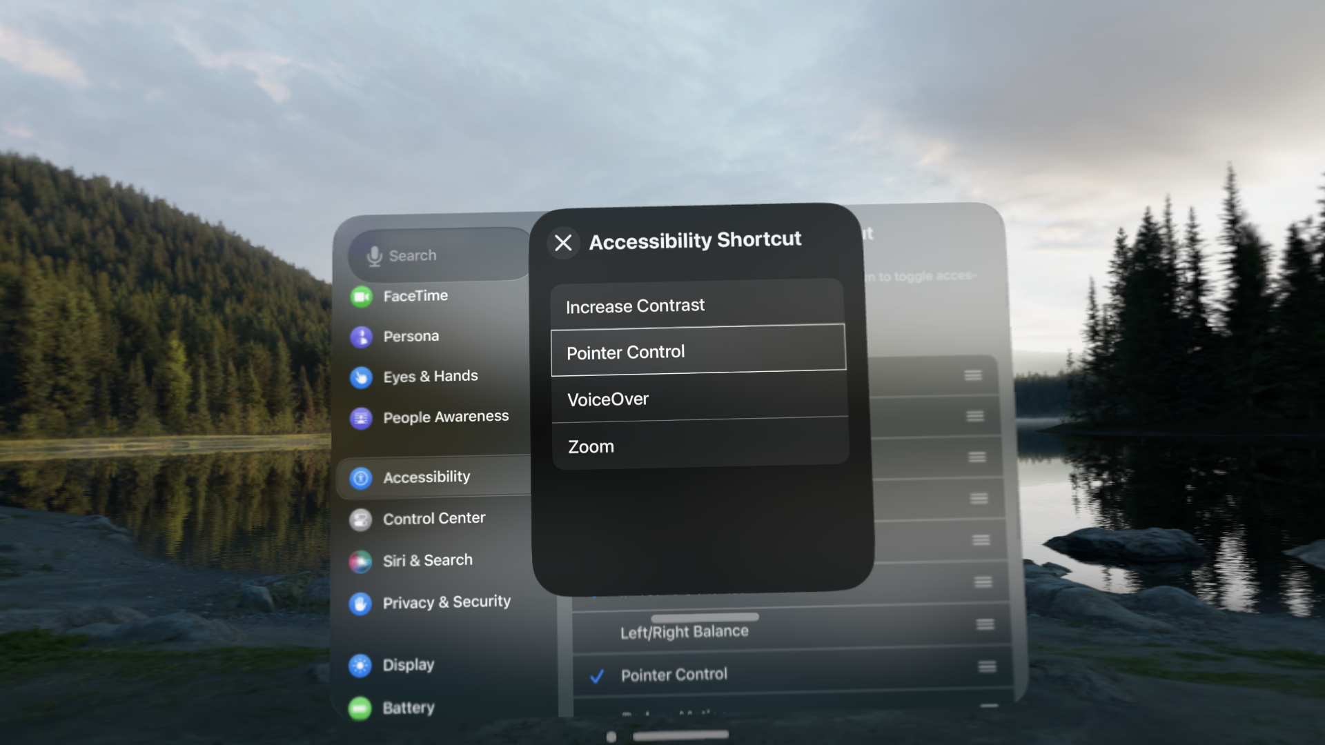 Screenshot of the accessibility shortcut menu on visionOS. A window floats in front of the Settings app. It has a close button in the top left corner, and has a list of options to select. Available options in the list include Increase Contrast, Pointer Control, VoiceOver, and Zoom.