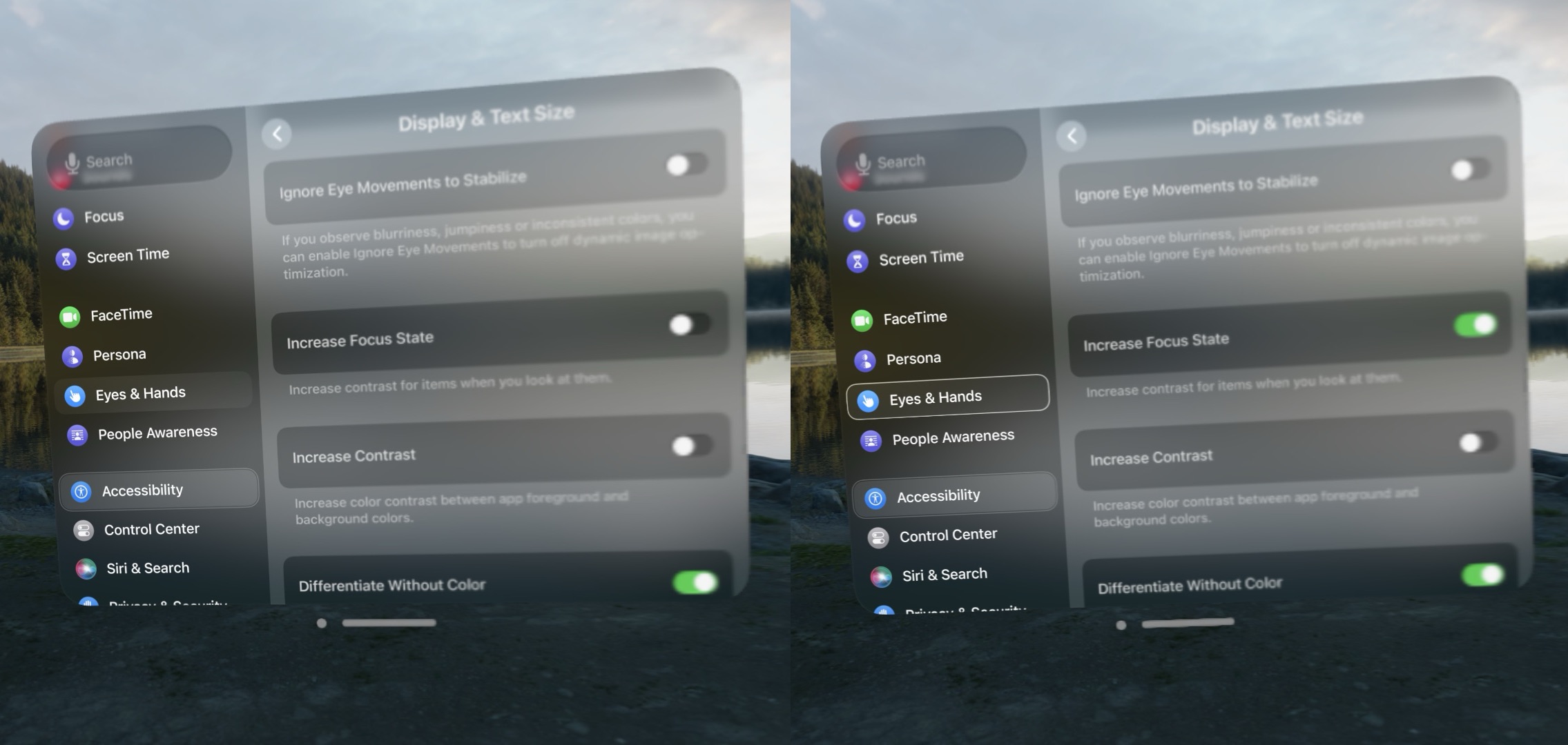 Comparison of two screenshots of the Display and Text Size accessibility settings on visionOS. One has Increase Focus State disabled, while the other has it enabled. Focus is on the "Eyes and Hands" option in the left sidebar. The version with the setting enabled has a white outline around the option, while the version without only highlights the background.