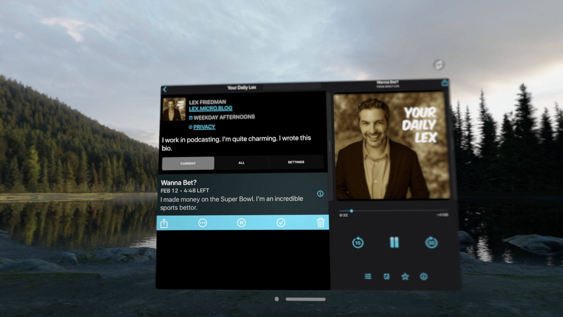 A screenshot of Overcast, a compatible iPad app, running on visionOS with its dark mode enabled in the app settings. White text appears on a pure black background.