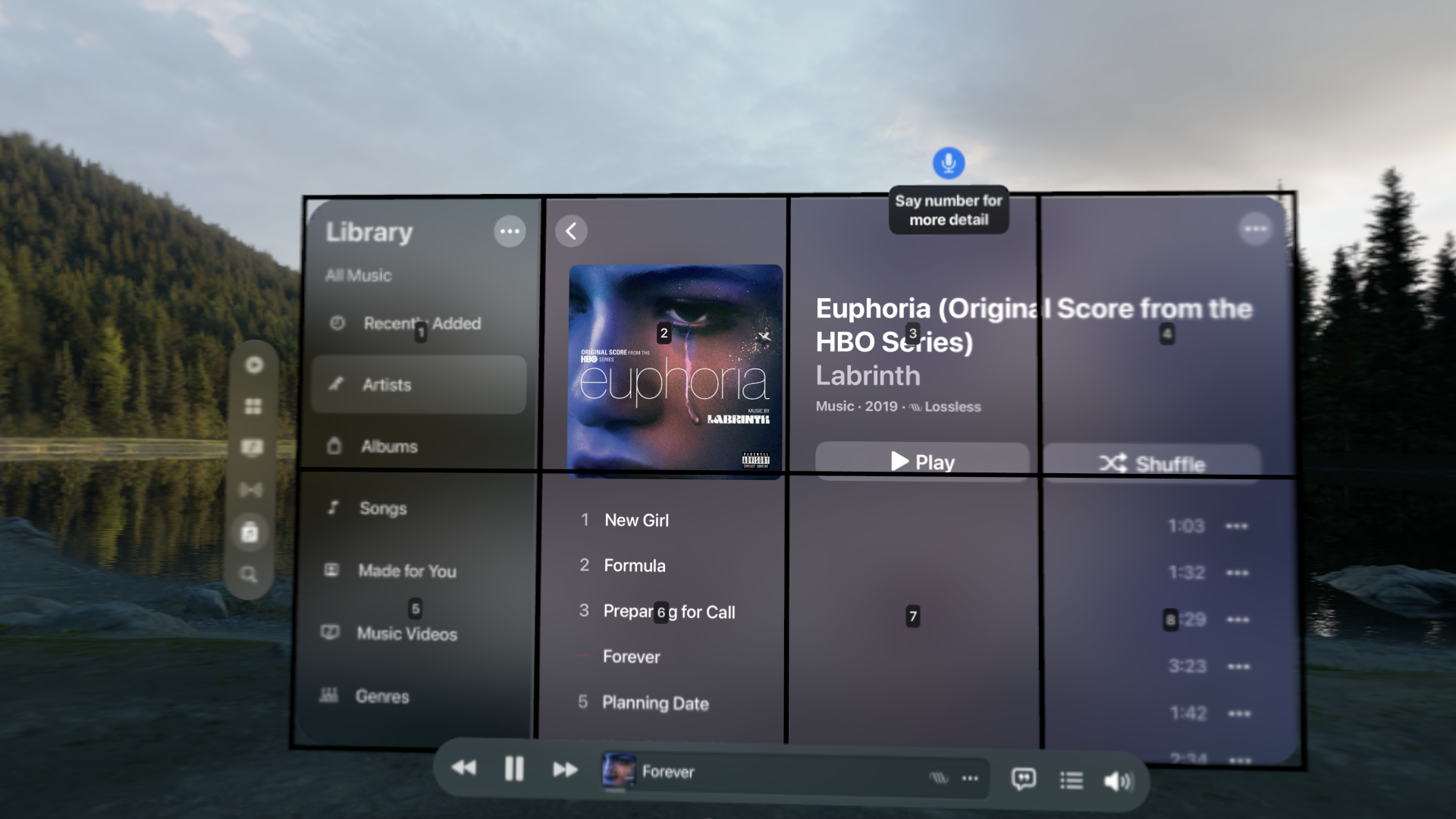 A screenshot of Apple Music after having said "Show Grid". A 2 by 4 grid of numbered squares is shown atop the main window, allowing you to refer to any section of the grid in your next command.